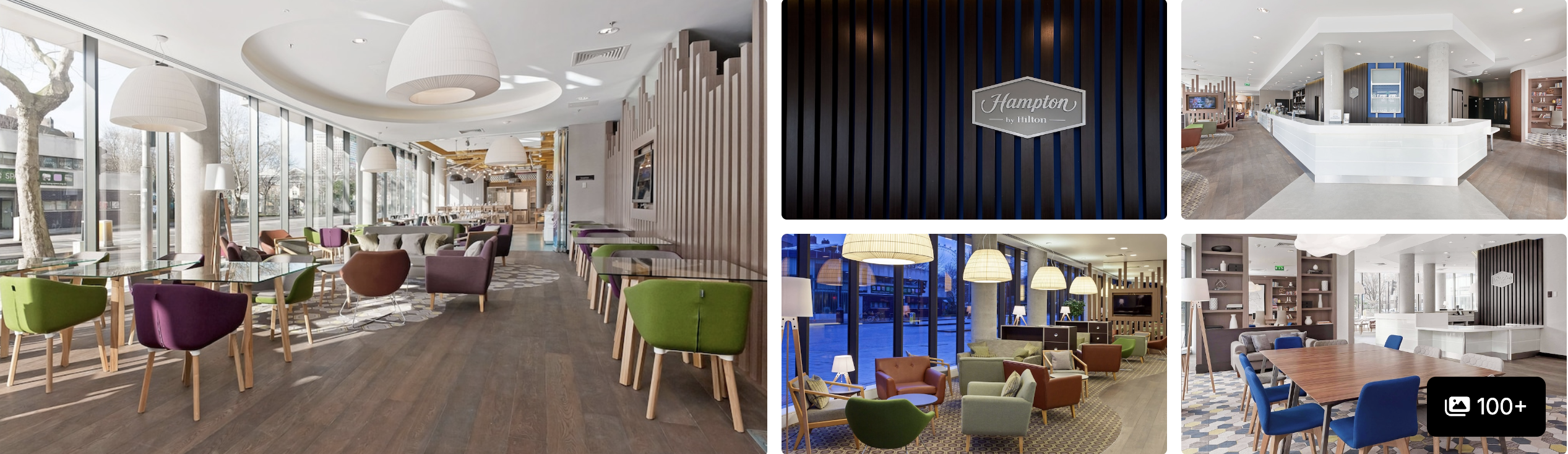 Photos of Hampton by Hilton London Waterloo: bright restaurant with colourful chairs, signage and lounge seating