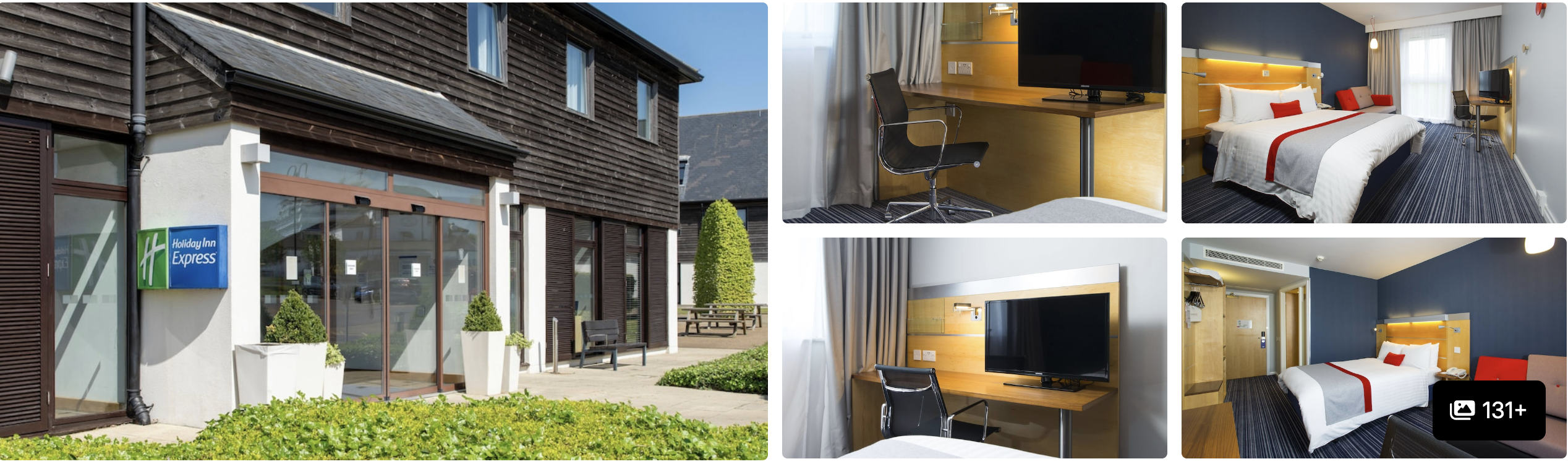 Photos of Holiday Inn Express London-Epsom Downs: hotel exterior entrance and modern guest rooms with desks
