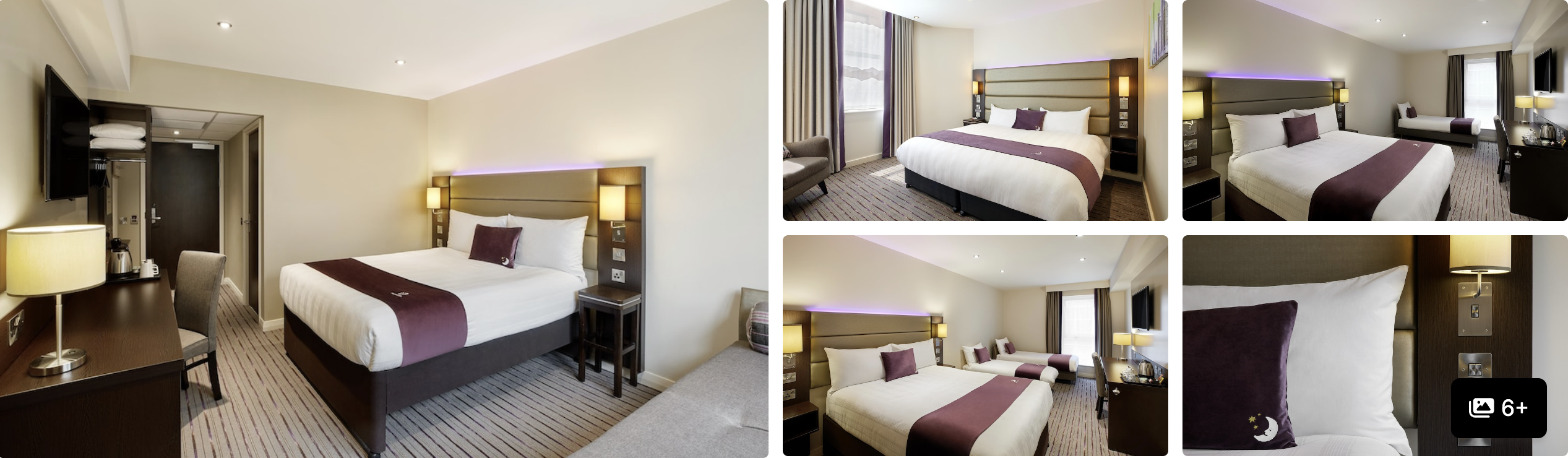 Photos of Premier Inn Epsom Town Centre: several guest rooms with purple-accent bedding, desk and pillows