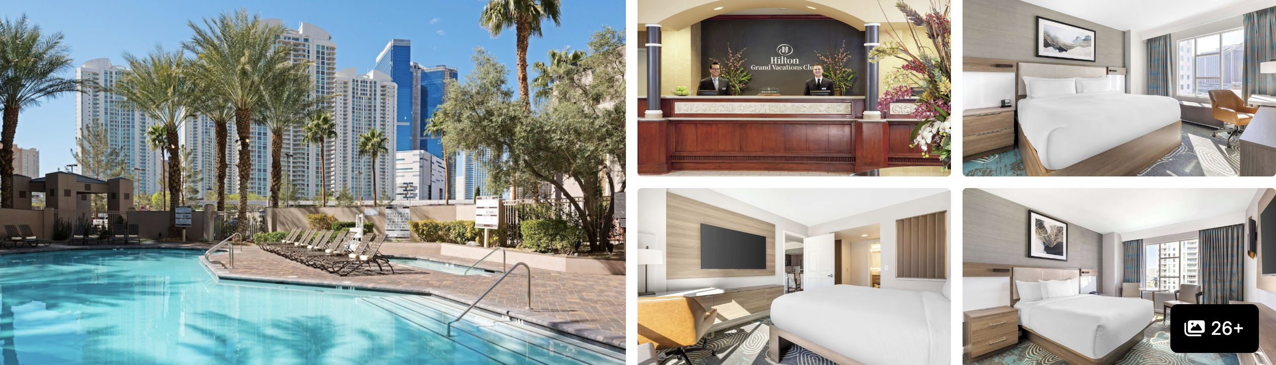 Photos of Embassy Suites by Hilton Convention Center Las Vegas: lit exterior with palms, atrium lobby and lounge seating areas