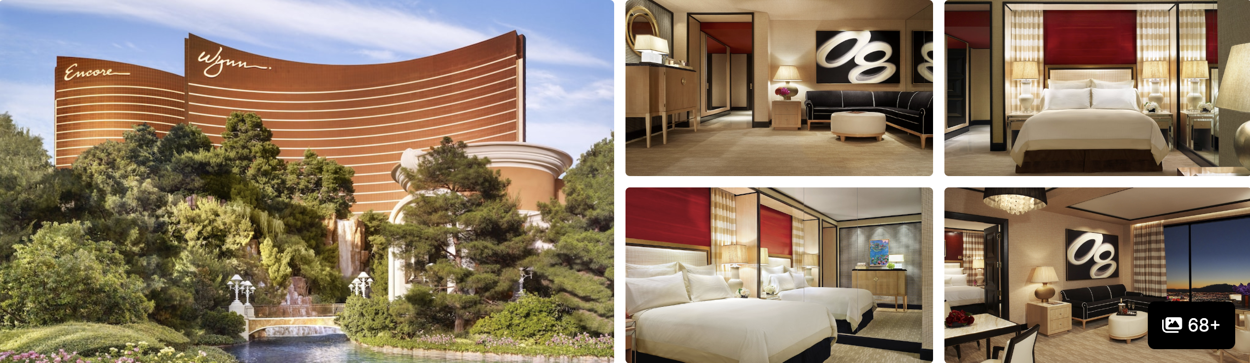 Photos of SAHARA Las Vegas: busy resort pool with cabanas and palm, arena video wall, and ornate guest rooms