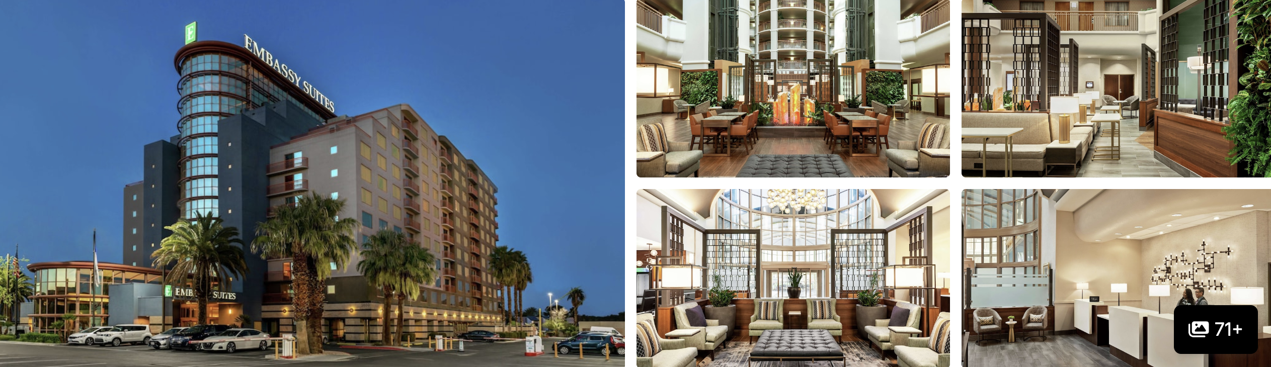 Photos of additional sustainable hotels near LVCC: twin guest beds, ornate gold lobby, grand hall and lounge