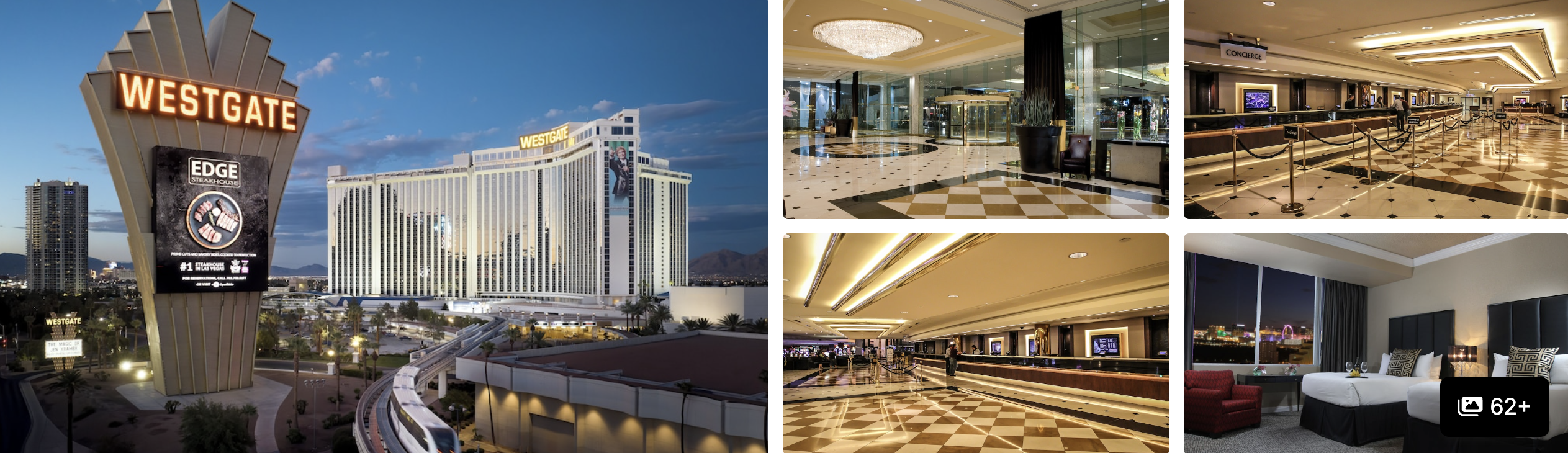 Photos of monorail-connected Las Vegas hotels: illuminated Westgate resort and monorail at dusk, bowling alley and guest room