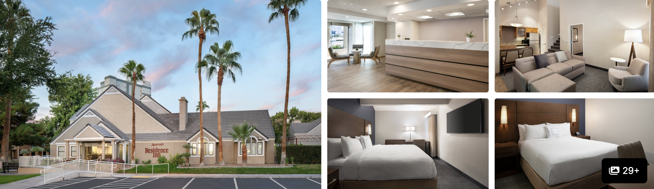 Photos of Las Vegas Marriott: low-rise exterior with palm trees, lobby reception, sitting area and guest rooms