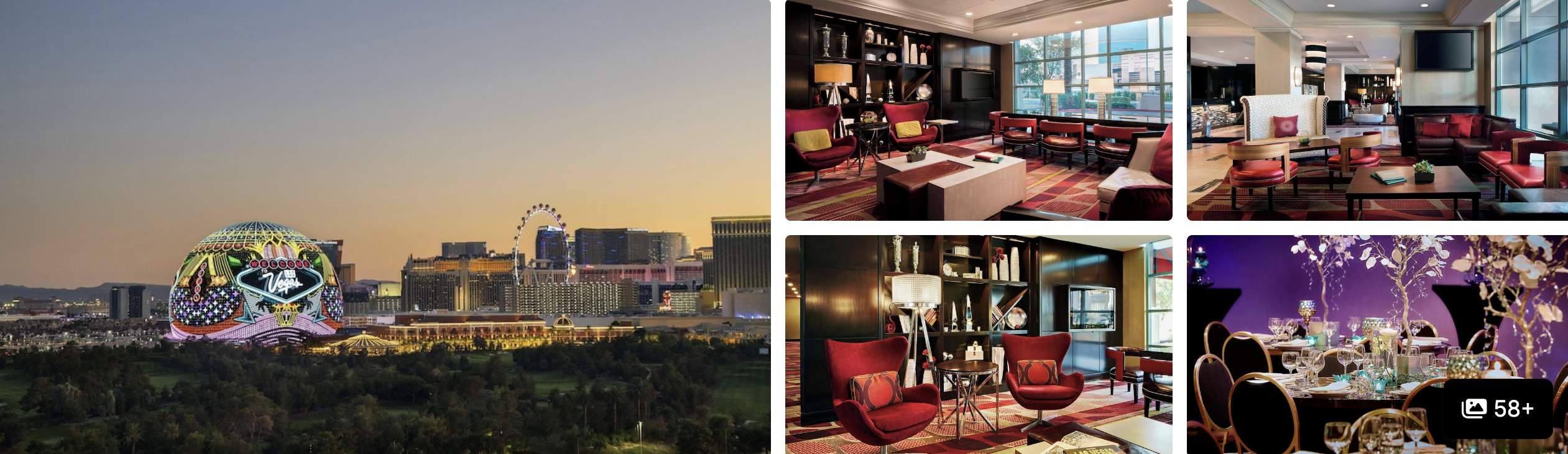 Photos of Renaissance Las Vegas Hotel: glowing Sphere and skyline at dusk, library lounge, seating areas and dining room