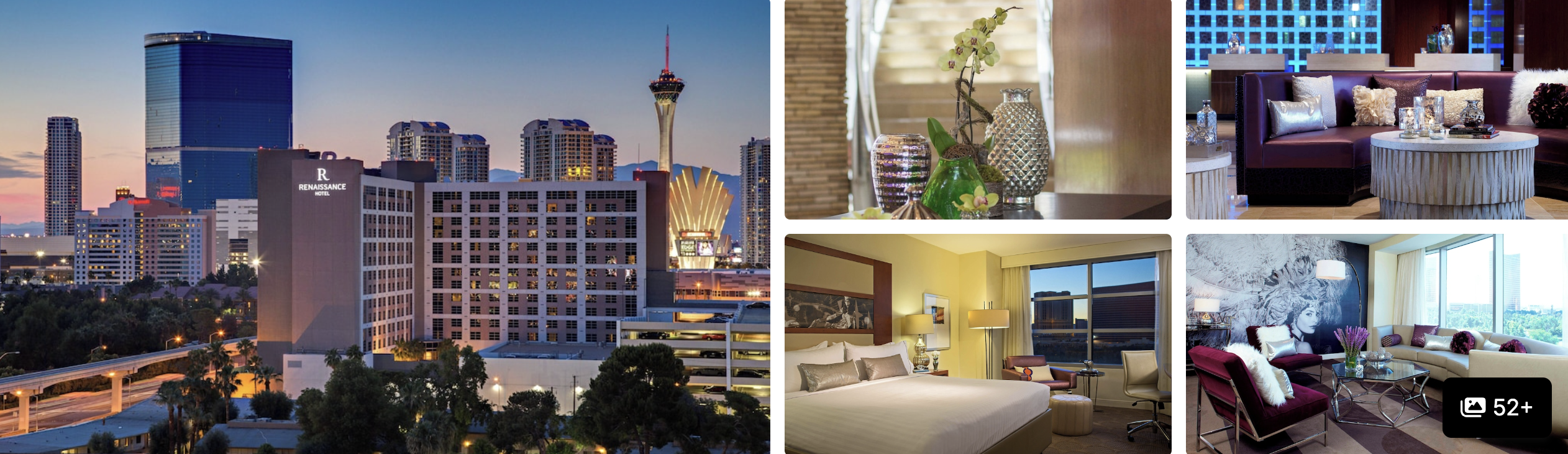 Photos of walkable hotels near the Las Vegas Convention Center: high-rise skyline at dusk, lobby decor, guest room and suite lounge