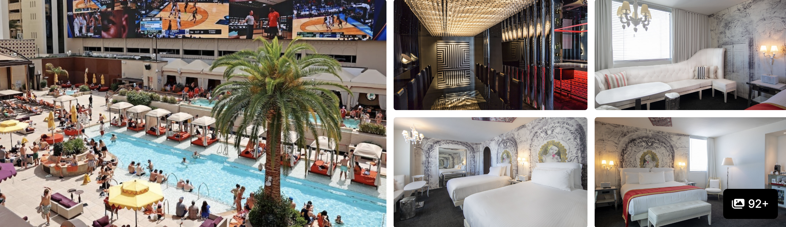 Photos of Westgate Las Vegas Resort and Casino: lit marquee sign and tower at dusk, interior bowling lanes and a guest room