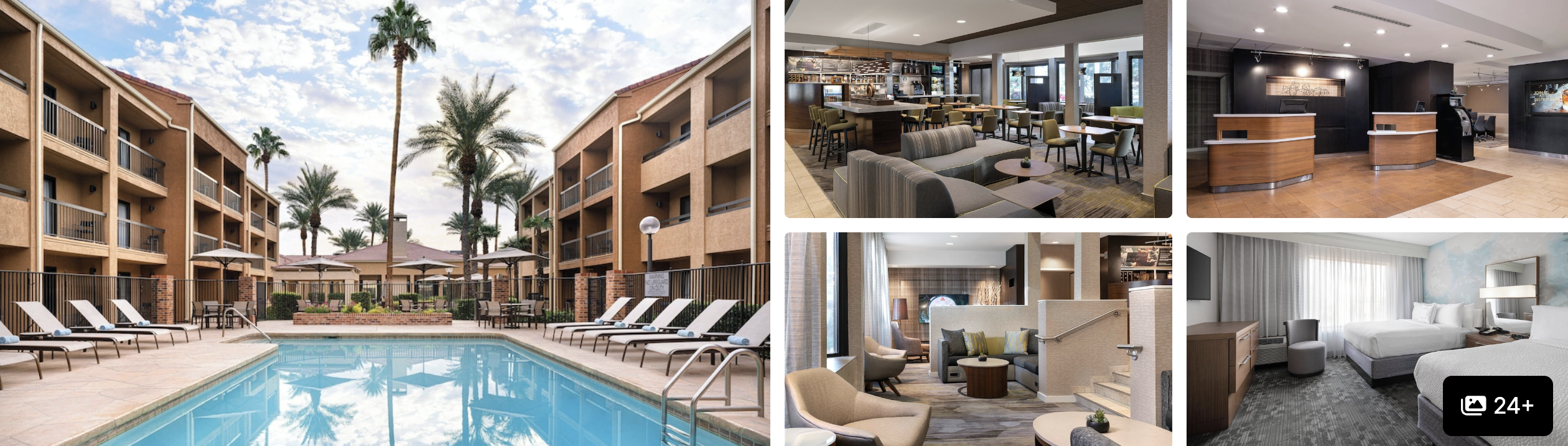 Photos of Residence Inn Las Vegas Convention Center: courtyard pool with loungers and palms, bar lounge, lobby and guest room