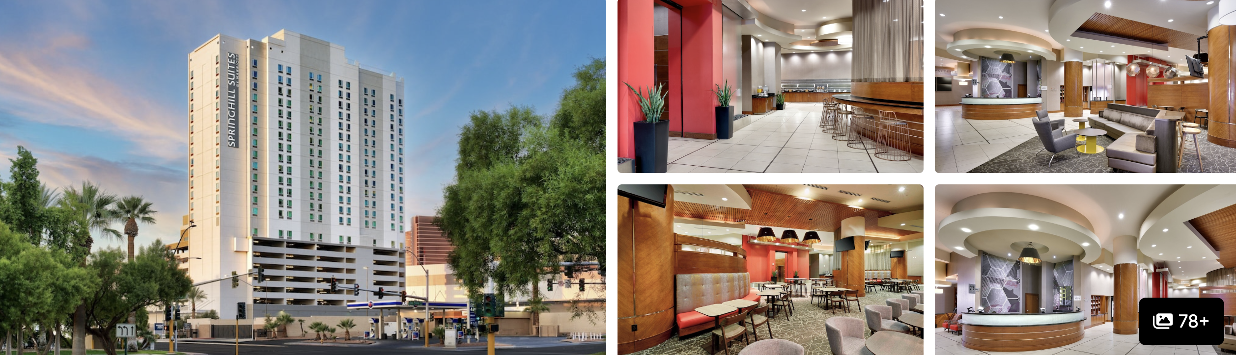 Photos of Courtyard Las Vegas Convention Center: high-rise tower with palms, bistro bar, reception desk and lounge