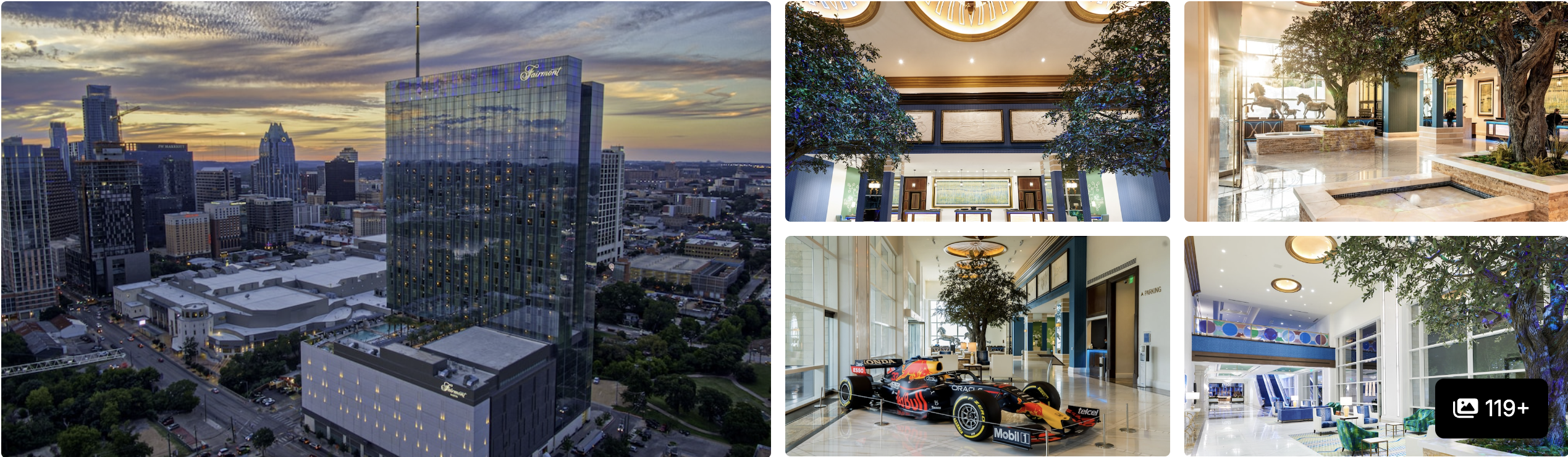 Photos of a downtown Austin hotel: glass tower over the city skyline at dusk, tree-filled lobby and atrium lounge