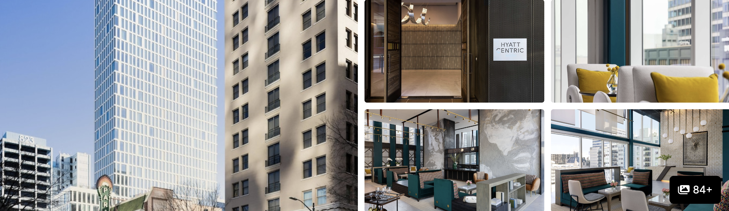 Photos of JW Marriott Austin: glass high-rise exterior, lobby entrance and guest rooms with yellow accents and city views