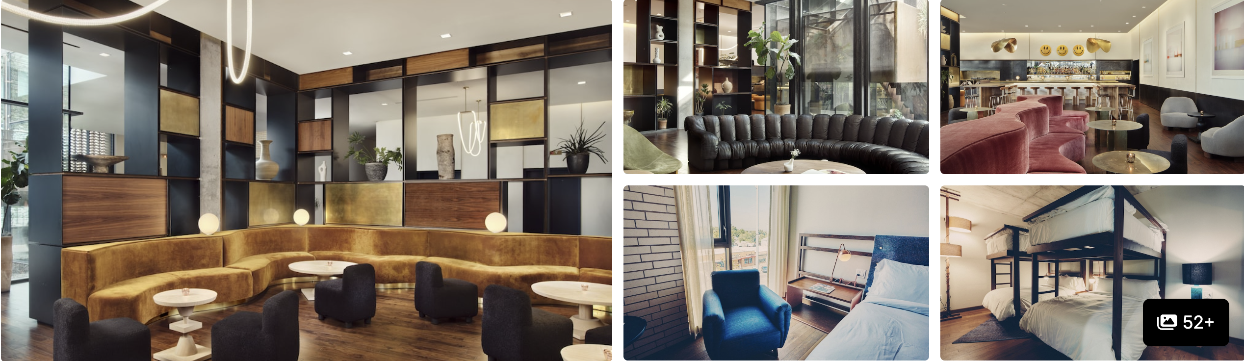 Photos of a South Congress boutique hotel in Austin: curved lounge seating, lobby and guest rooms
