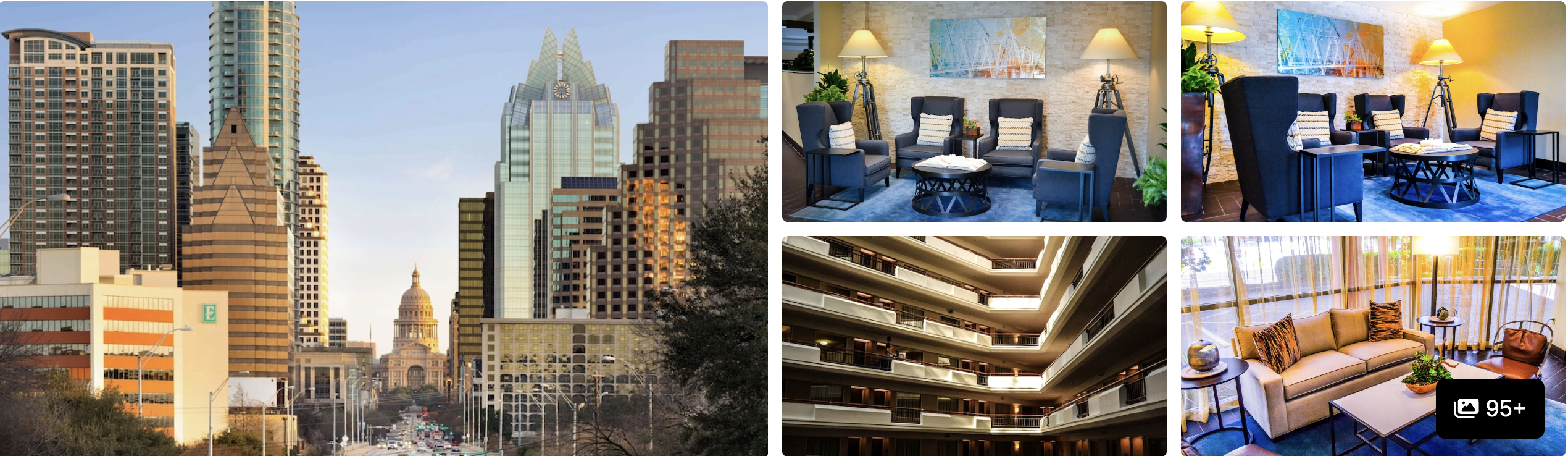 Austin SoCo views: downtown skyline with the Capitol, plus South Congress Hotel lounge and seating areas