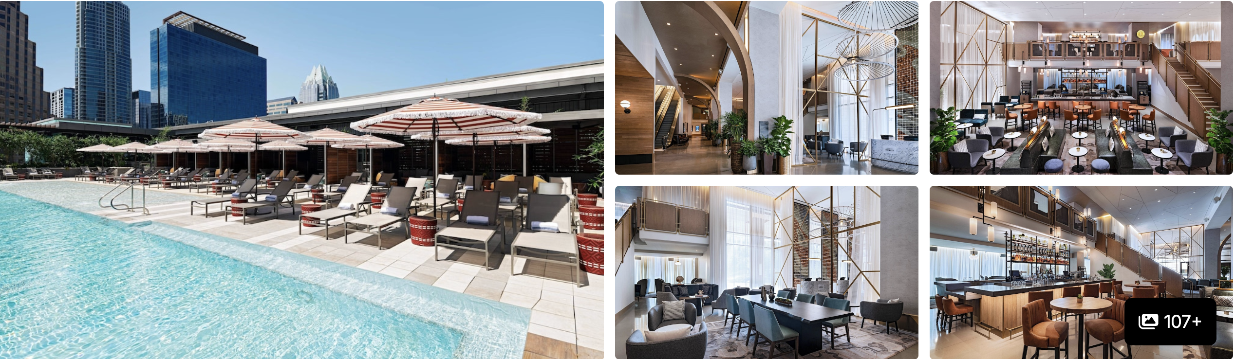 Photos of The Westin Austin Downtown: rooftop pool lit at dusk over the skyline, living wall, lounge and pantry market