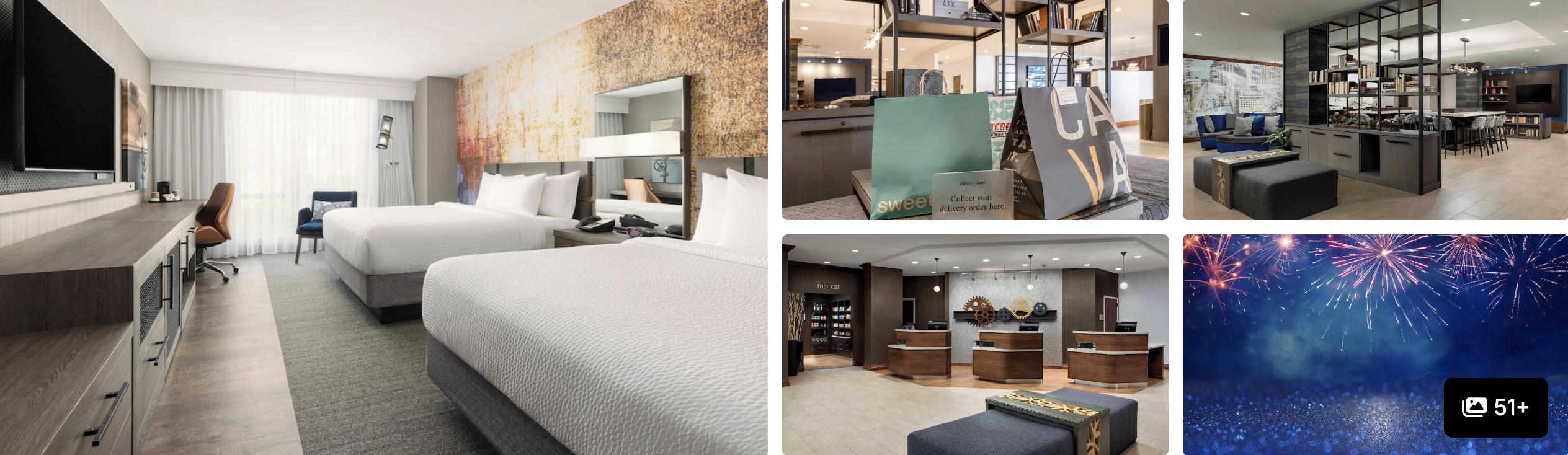 Photos of Austin Marriott Downtown: guest room with twin beds and city-view artwork, lobby market, reception and event spaces