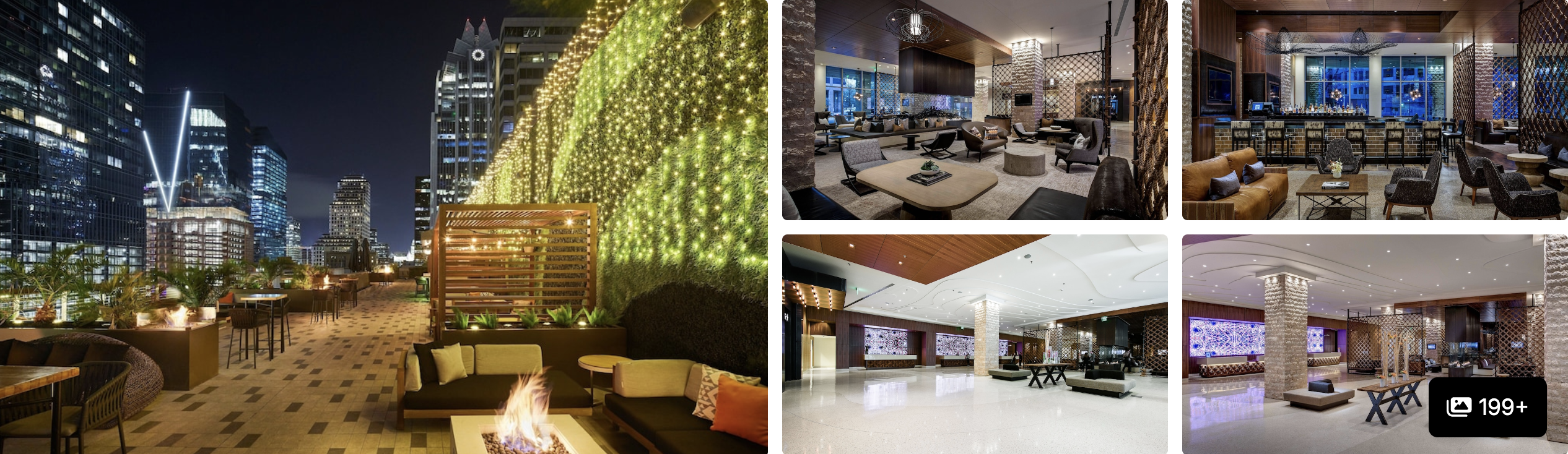 Photos of Fairmont Austin: nighttime rooftop bar with fire pits and city skyline, lounge seating and grand lobby