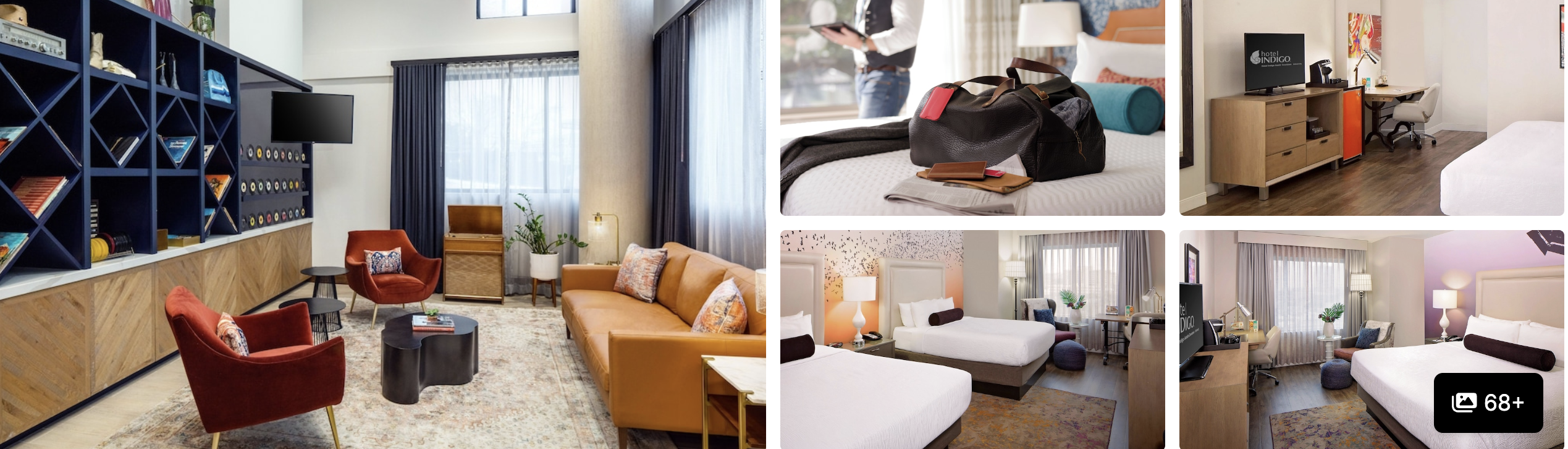 Photos of an Austin Red River District hotel: lounge with wine wall, desk workspace and twin guest rooms