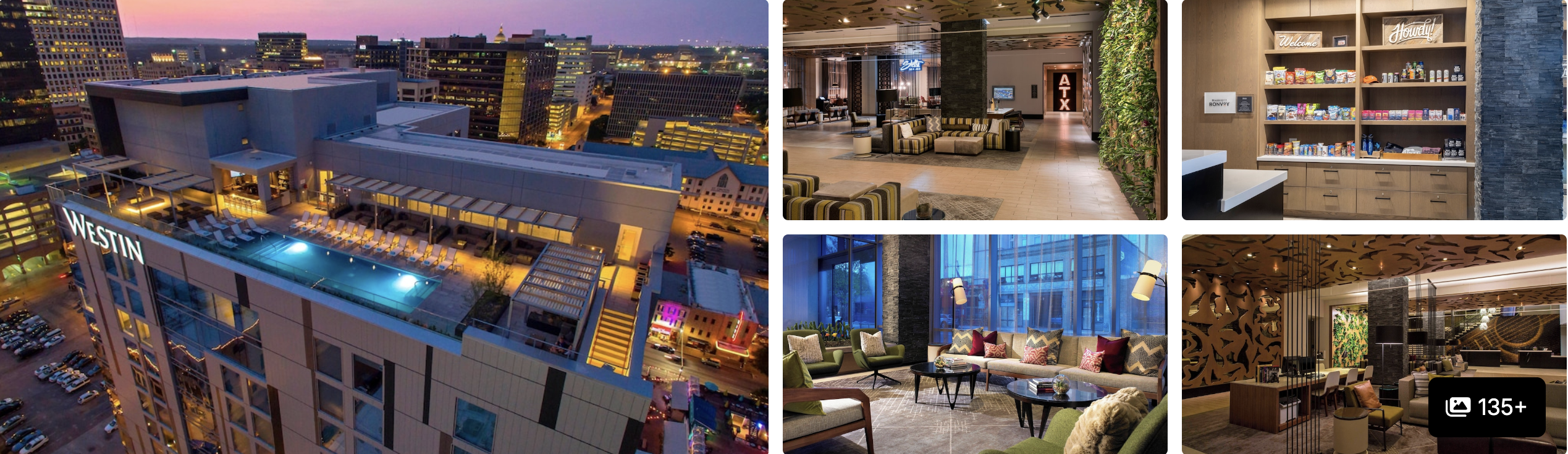 Photos of Hyatt Centric Congress Avenue, Austin: rooftop pool deck at dusk with Austin skyline, living wall, lobby and lounge