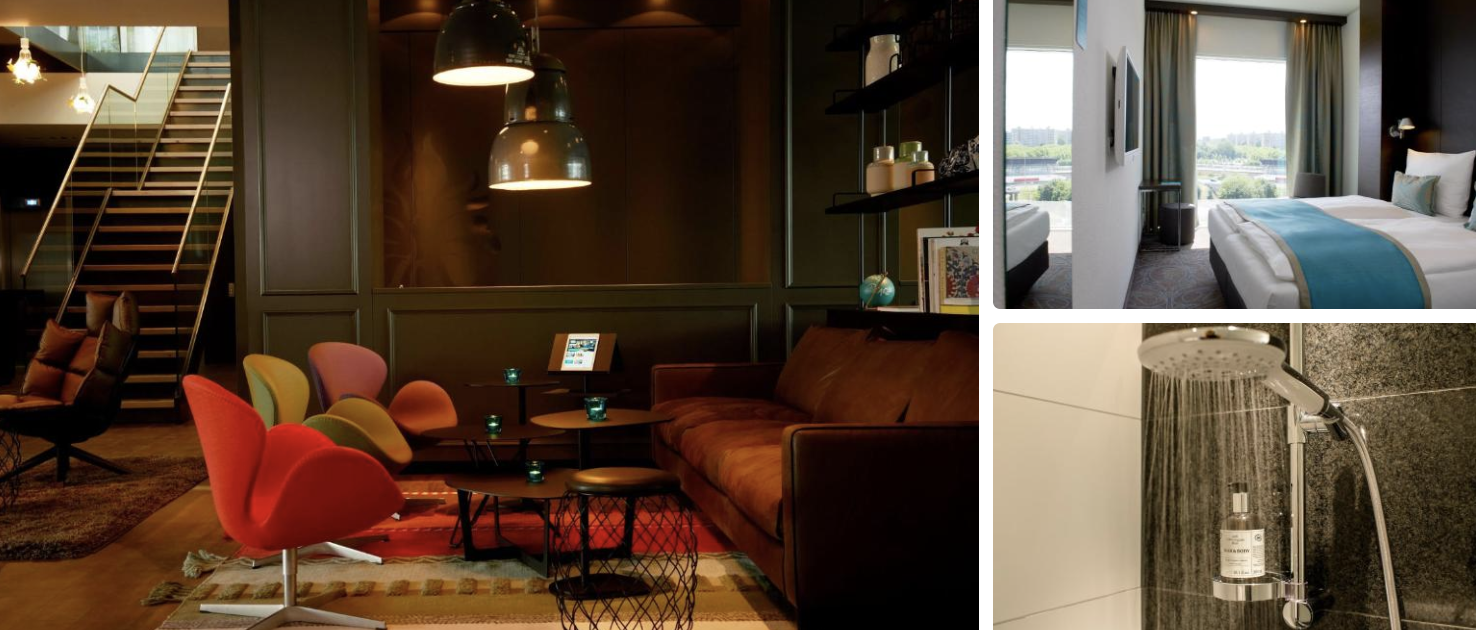 Photos of nhow Amsterdam RAI: angular glass tower at dusk, colorful art-filled lobby and guest room