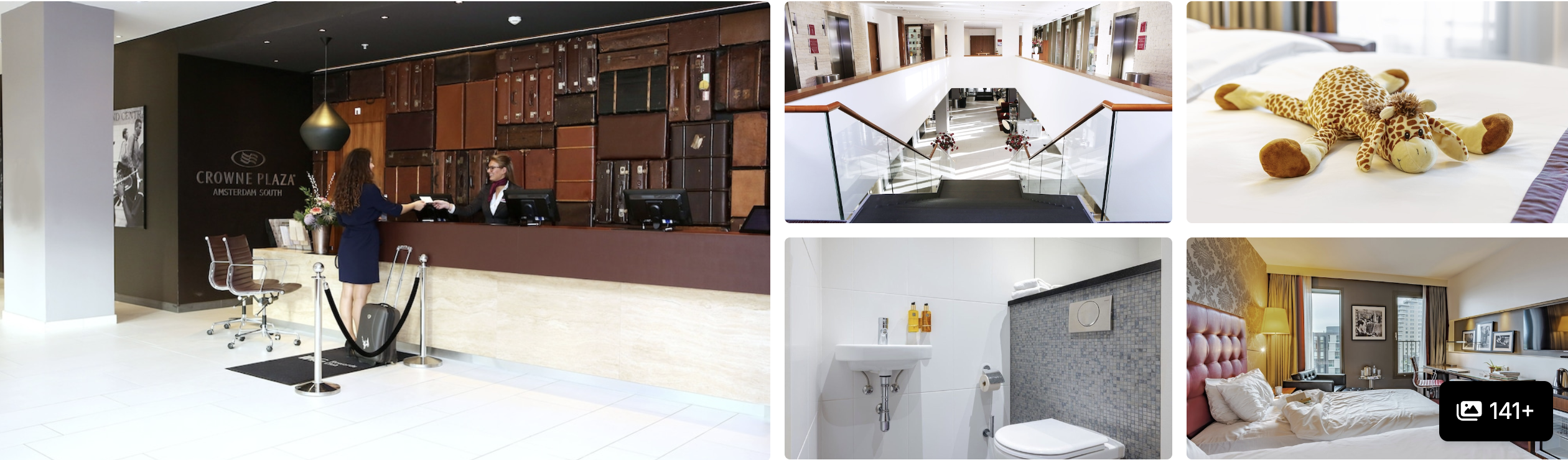 Photos of a hotel in Amsterdam's Zuidas business district: long building exterior, bright lounges and white bathroom