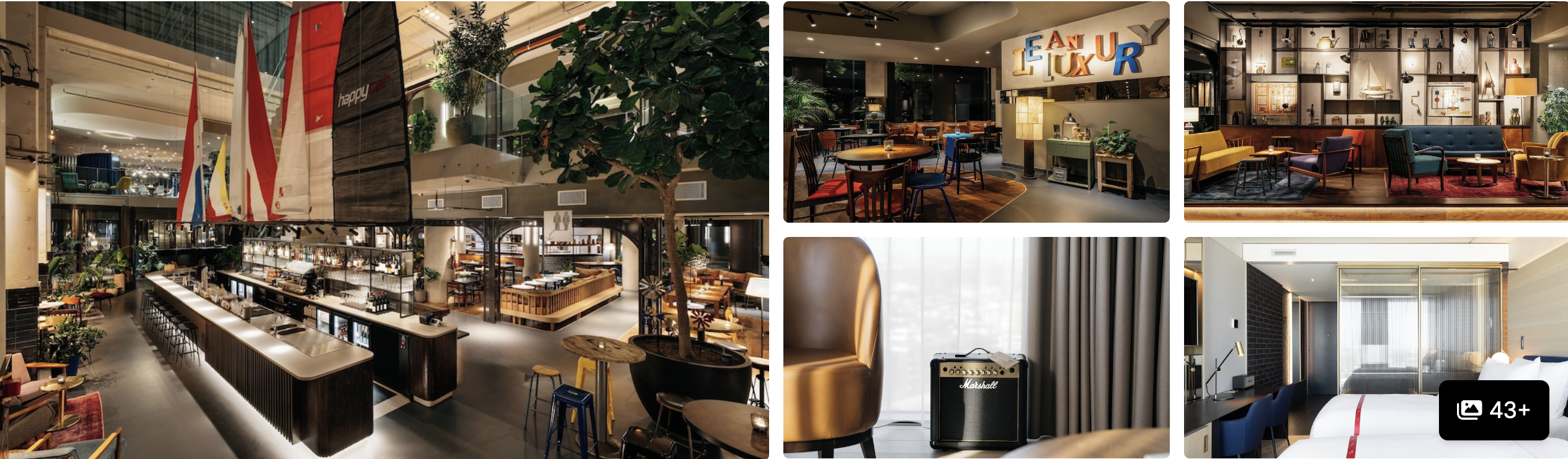 Photos of Leonardo Royal Hotel Amsterdam: plant-filled atrium bar, restaurant, lounge and a guest room