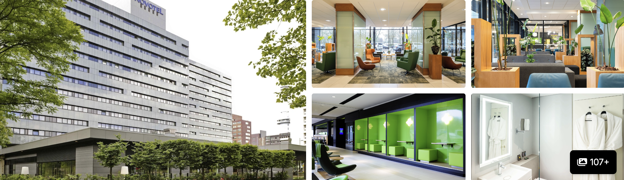 Photos of Motel One Amsterdam: green-toned lounge with armchairs, guest room with city view and rainfall shower