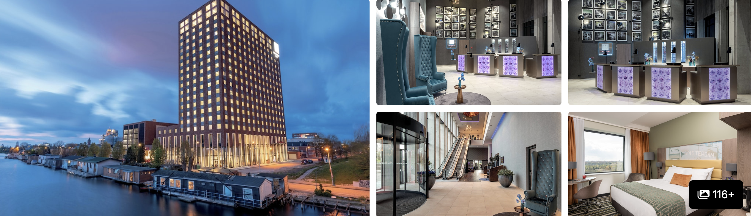 Photos of Van der Valk Hotel Amsterdam Zuidas: tower exterior over the water, dark-tiled lobby, lounge seating and a guest room