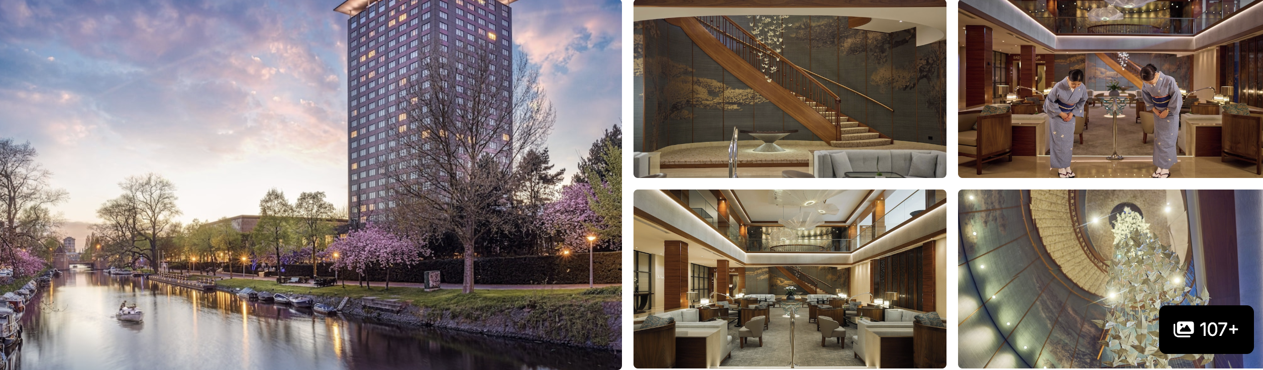 Photos of premium MICE hotels near RAI Amsterdam: tower at dusk by the canal, marble staircase, lounge and lobby