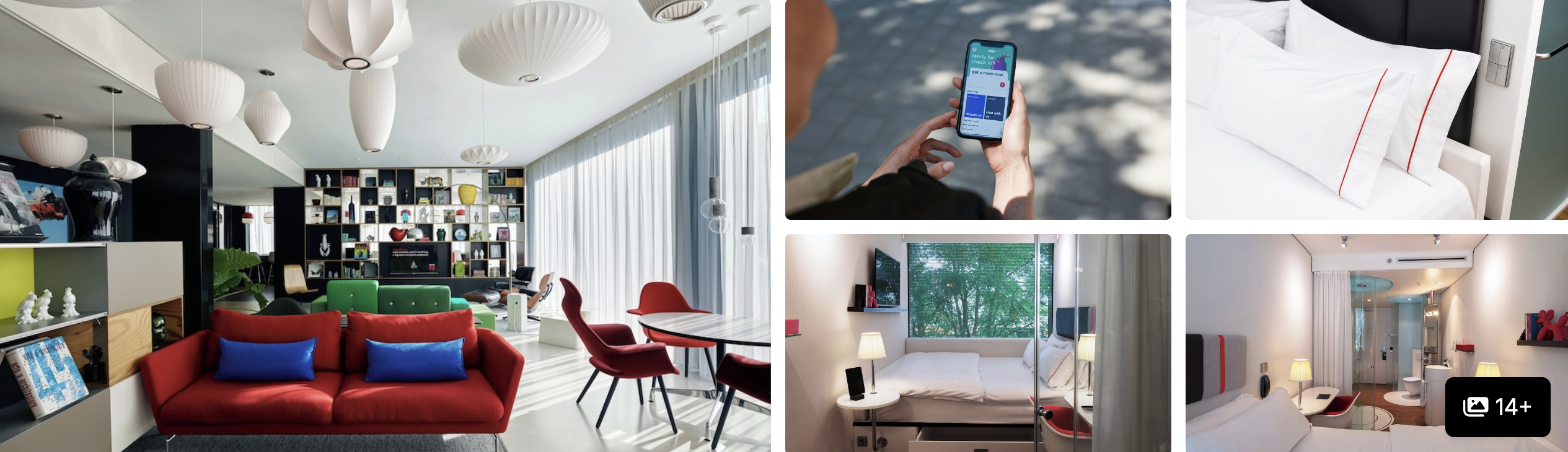 Photos of citizenM Amsterdam South: guest room with city view, plant-filled lobby and lounge seating