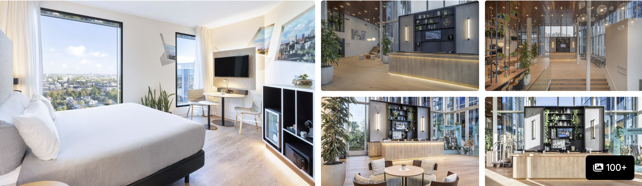 Photos of Element Amsterdam: tall atrium lounge with columns, open seating, kitchenette suite and guest room