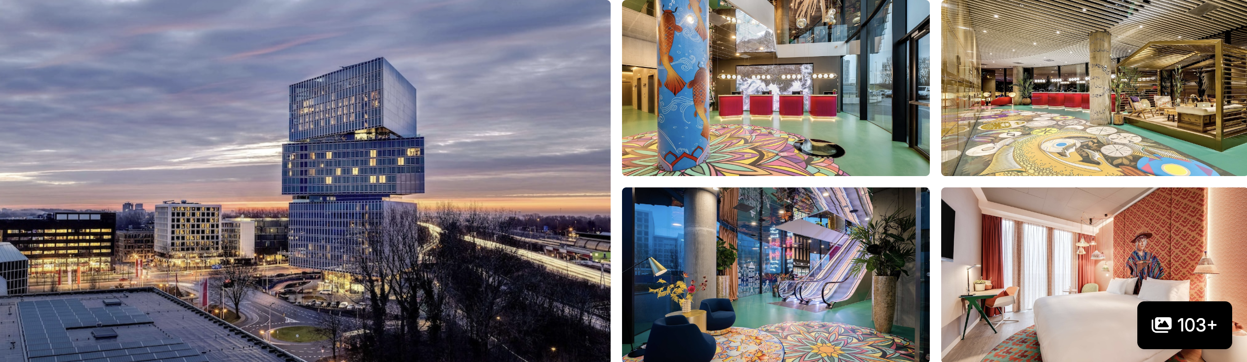 Photos of a sustainable hotel near RAI Amsterdam: bedroom with window seat, plant-filled lobby and guest rooms
