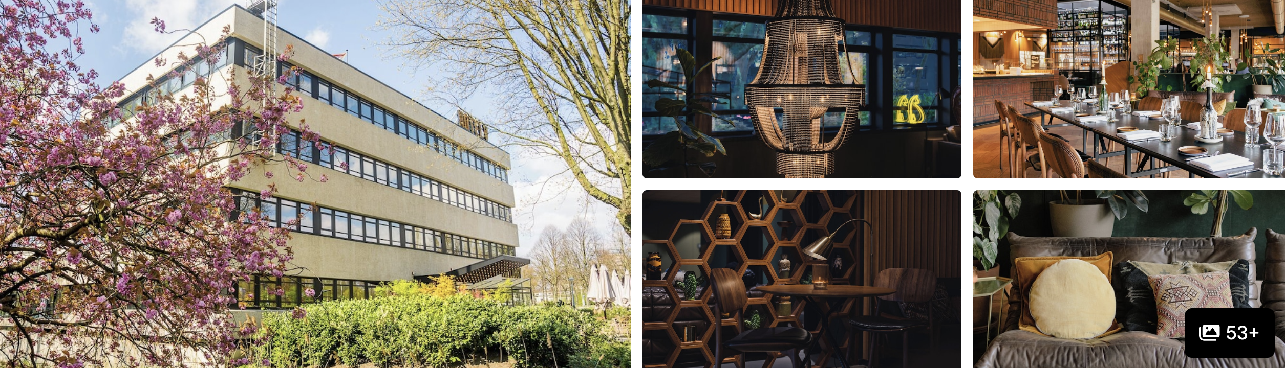 Photos of Ruby Emma Hotel Amsterdam: blossoming trees by the brick facade, honeycomb bar, dining area and cosy lounge seating