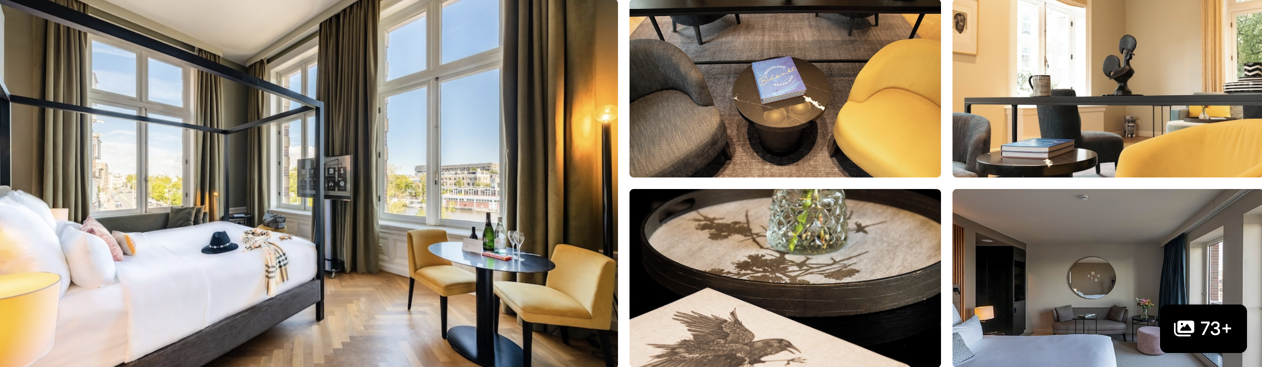 Photos of Hotel Okura Amsterdam: bright guest room with city-view windows, lounge seating and a marble bathroom