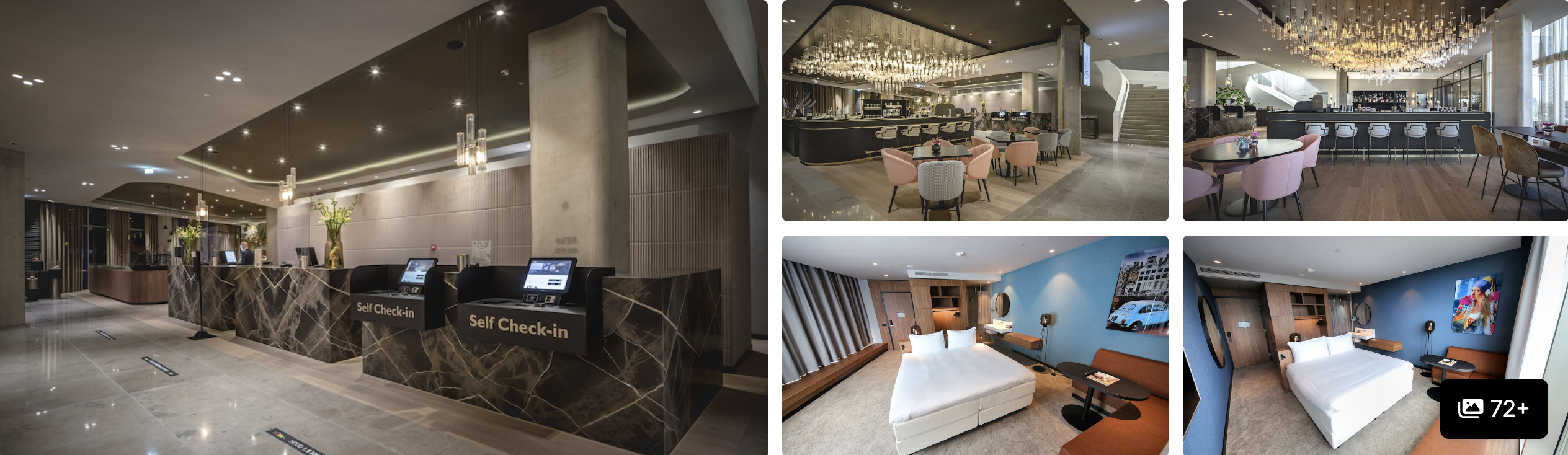 Photos of a sustainable hotel near RAI Amsterdam: self-check-in lobby, chandeliered bar and modern guest rooms