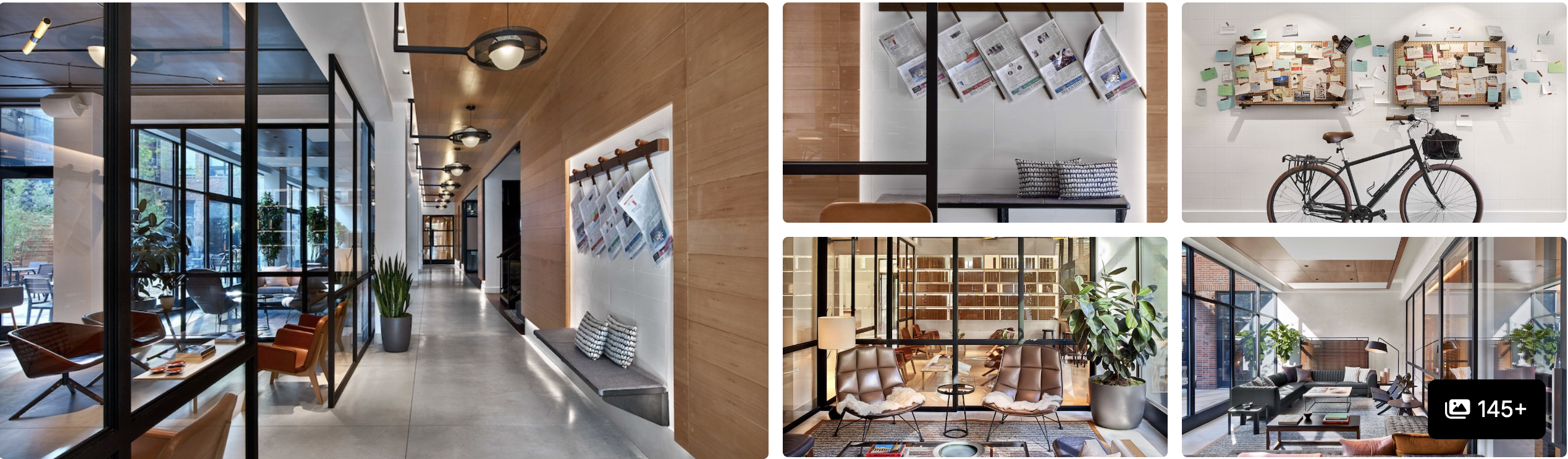 Photos of Walker Hotel Tribeca, New York: corner facade, light-filled lounge, reception and reading nook