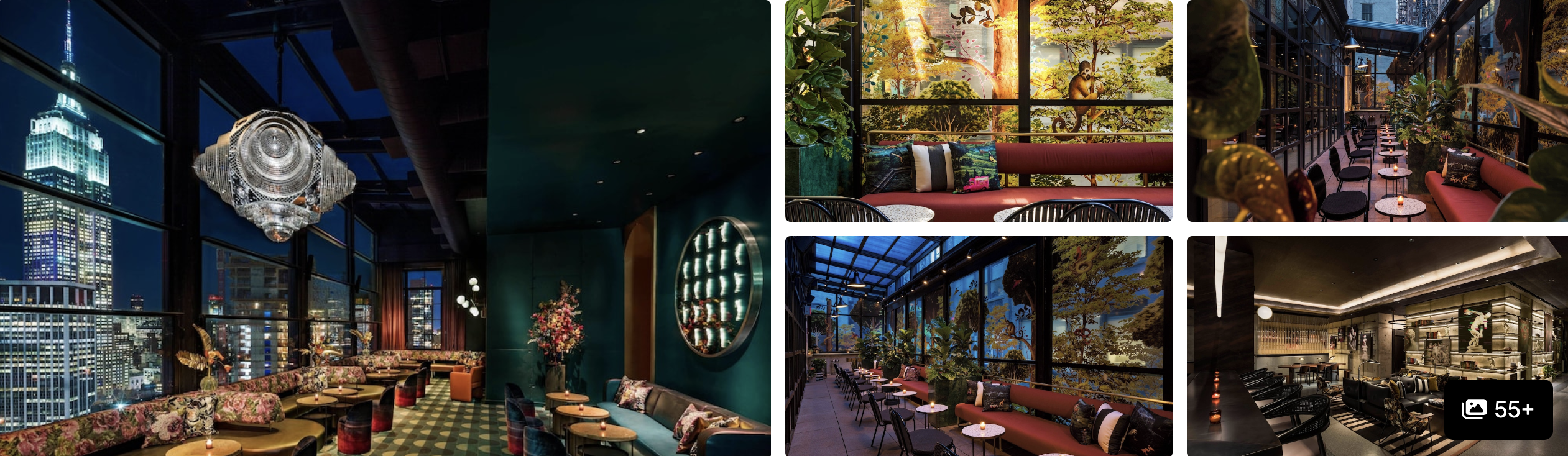 Photos of Kimpton Hotel Eventi, Chelsea, New York: street facade at night, leather lounges and living room with gallery wall