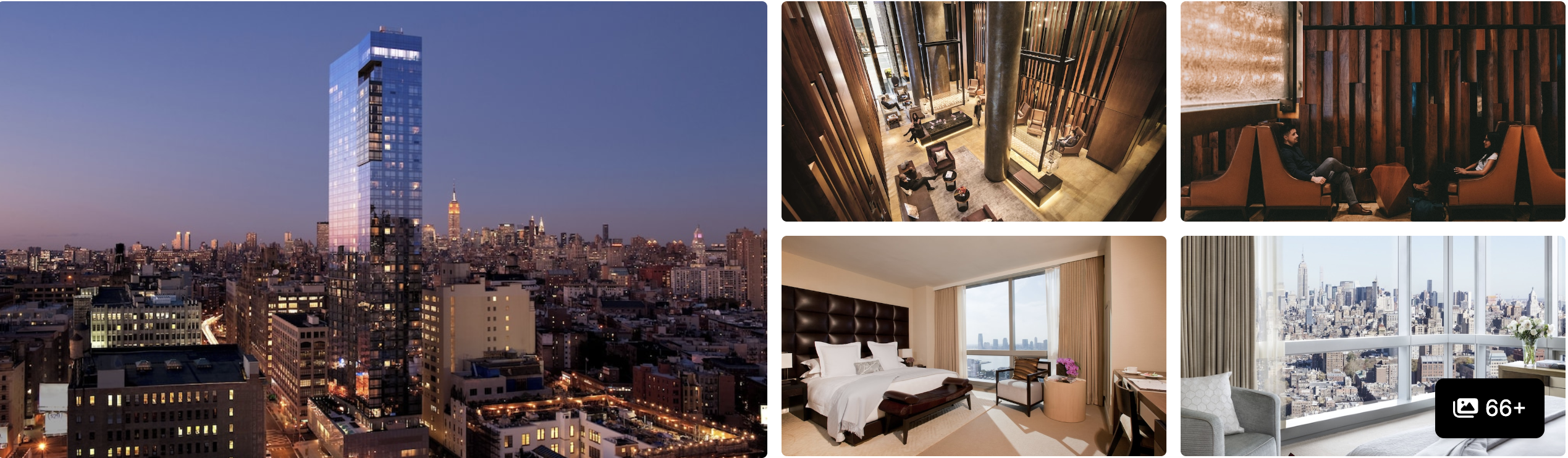 Photos of Hilton Garden Inn Tribeca, New York: brick exterior at dusk, colorful lobby and guest rooms