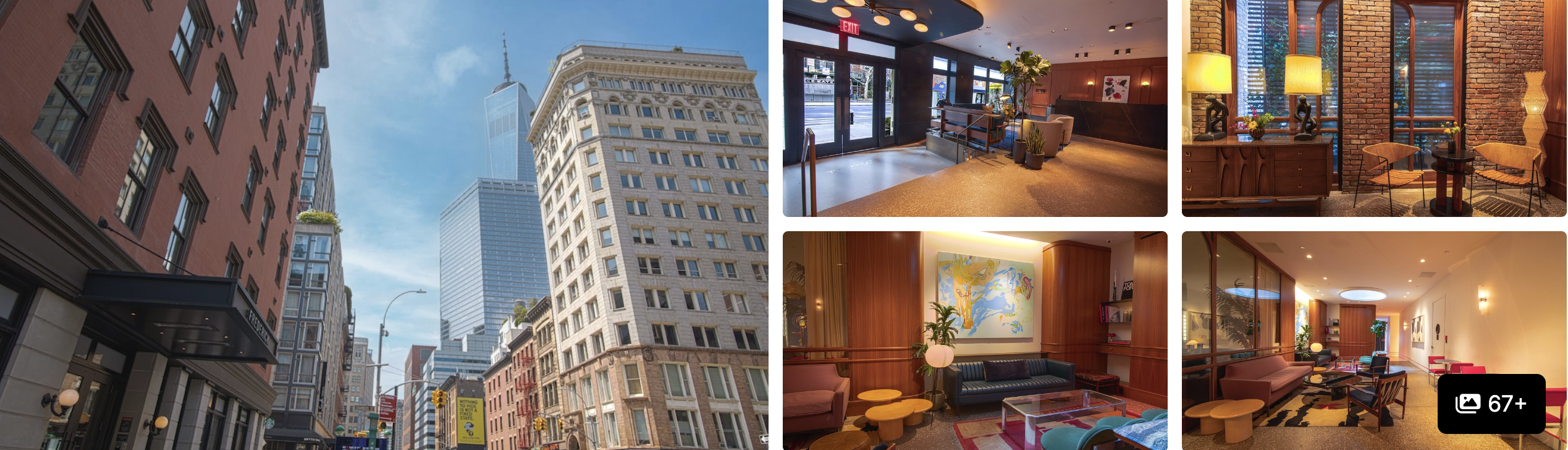 Photos of a sustainable Tribeca hotel near Spring Studios, New York: brick streetscape, lobby and lounge with city views
