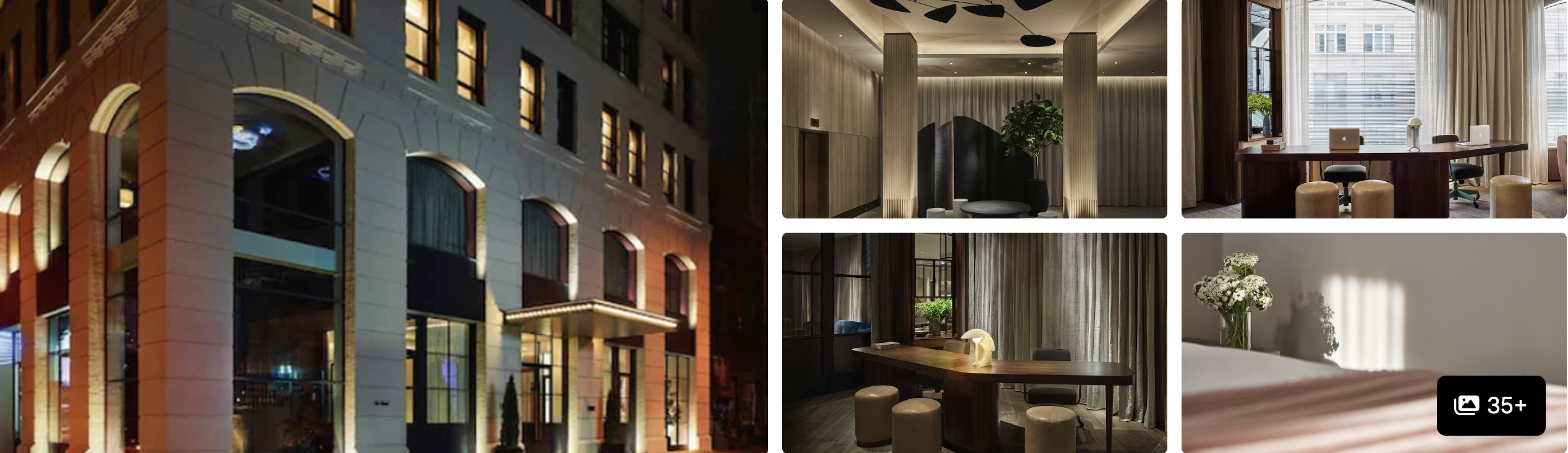 Photos of Arlo SoHo, New York: wood-lined corridor, lobby with bicycle wall art and plant-filled lounge