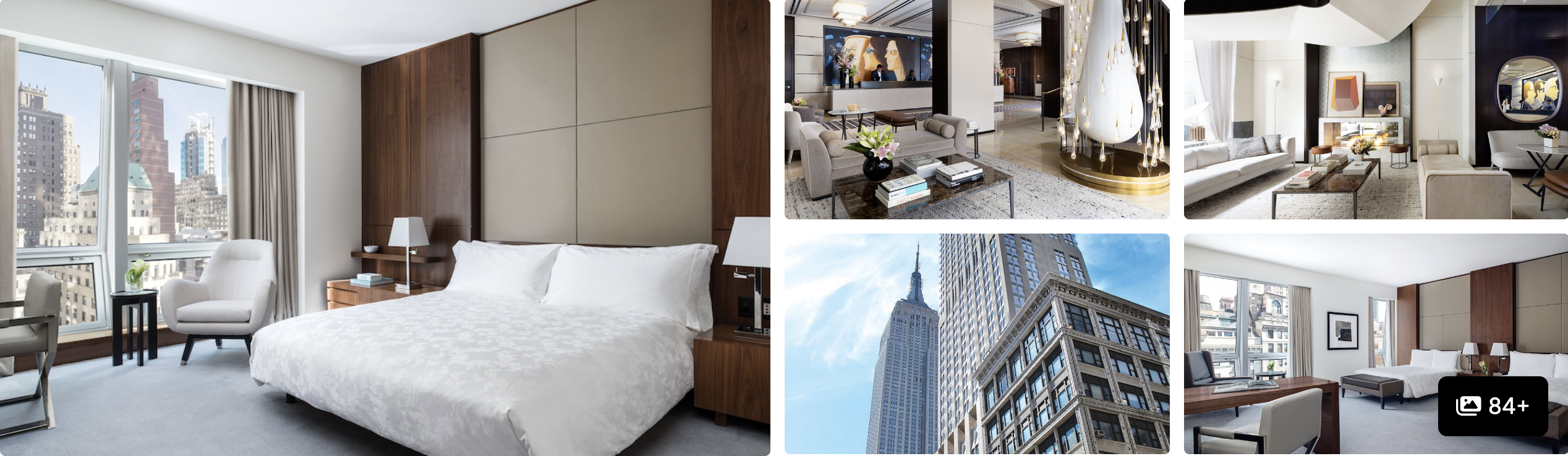 Photos of a Midtown Fifth Avenue hotel, New York: porthole-window room with patterned armchairs, wood-paneled suites and lounges
