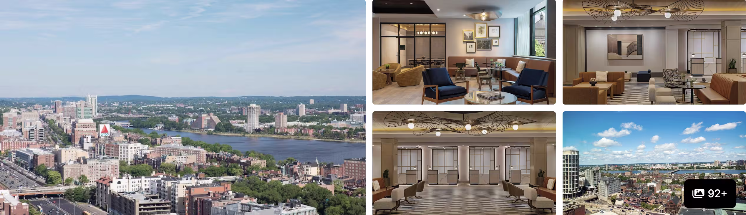 Aerial view over Boston rooftops and the Charles River, plus interior shots of lounge seating and an event ballroom