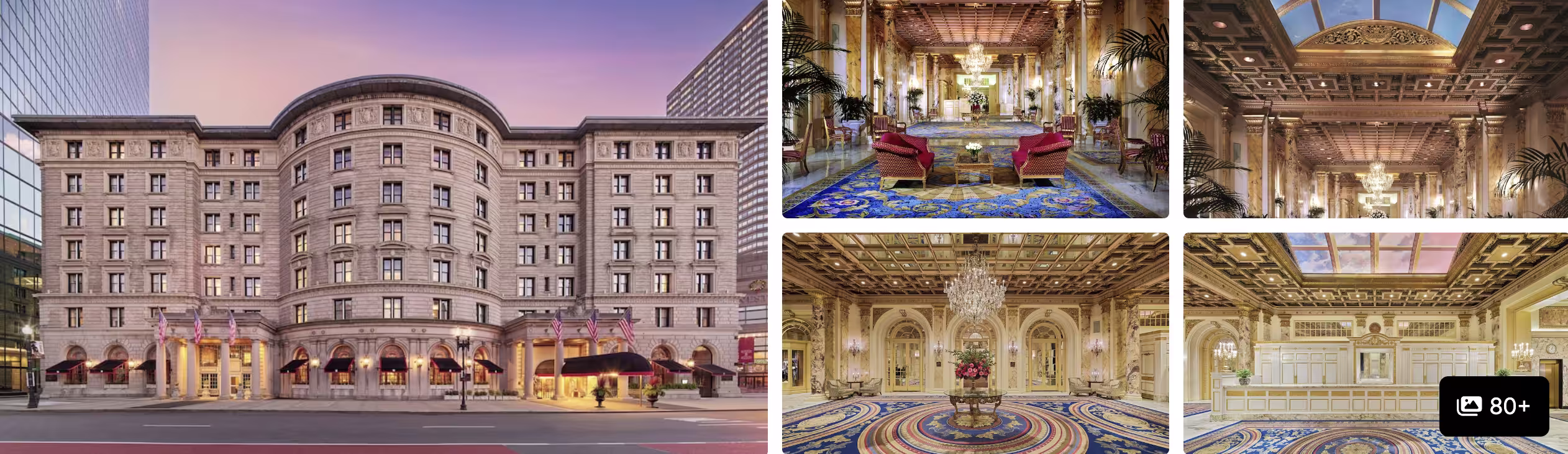Photos of the Fairmont Copley Plaza, Boston: ornate historic exterior, gilded grand lobby and chandeliered ballrooms