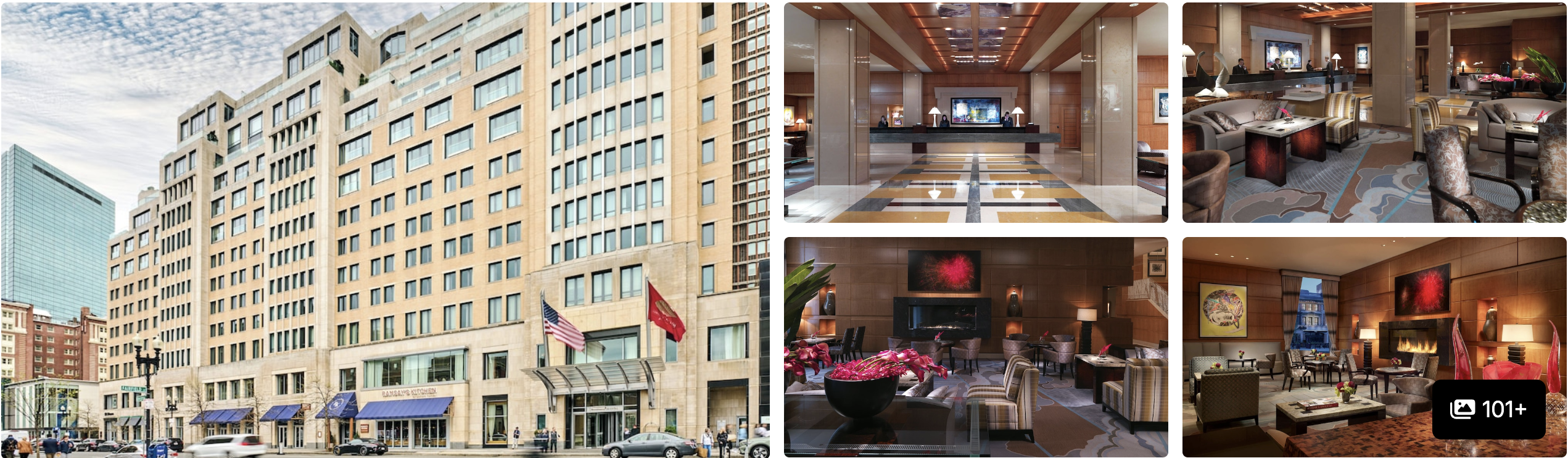 Photos of a Back Bay Boston hotel near the marathon finish: high-rise exterior, wood-paneled lobby and lounge seating