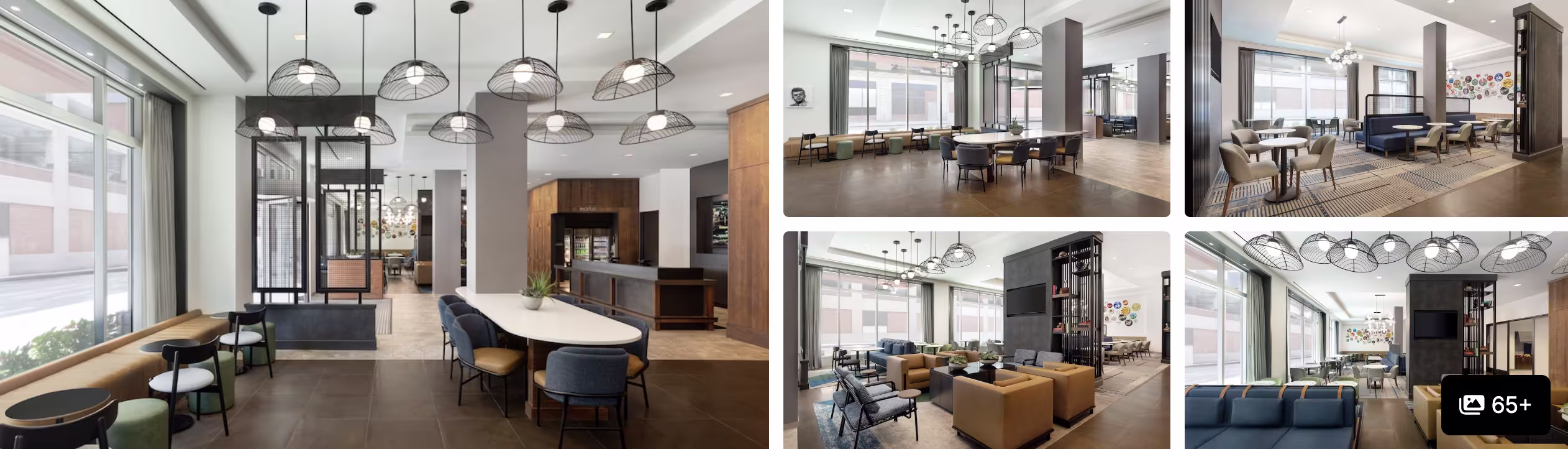 Photos of Hotel Commonwealth, Boston: pendant-lit communal dining space and modern lounge and workspace seating