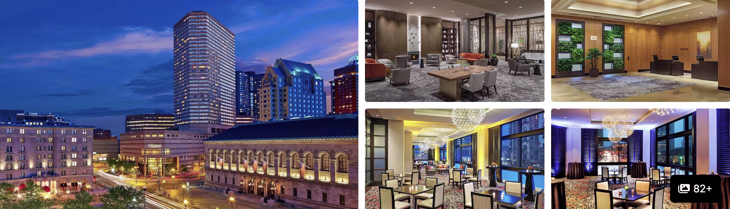 Photos of the Sheraton Boston: illuminated towers at dusk, lobby lounge, green living wall and chandeliered dining room
