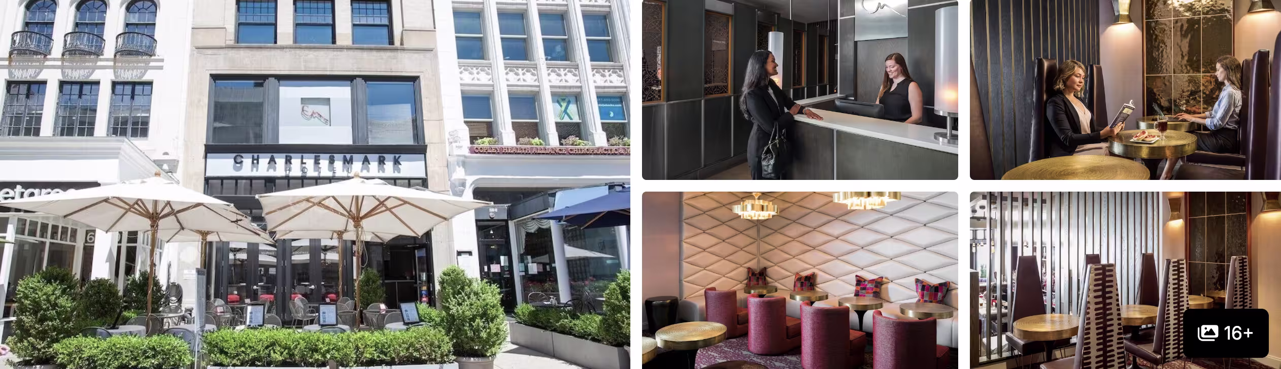 Photos of the Westin Copley Place, Boston: street-level exterior with cafe terrace, reception, lounge and bar seating