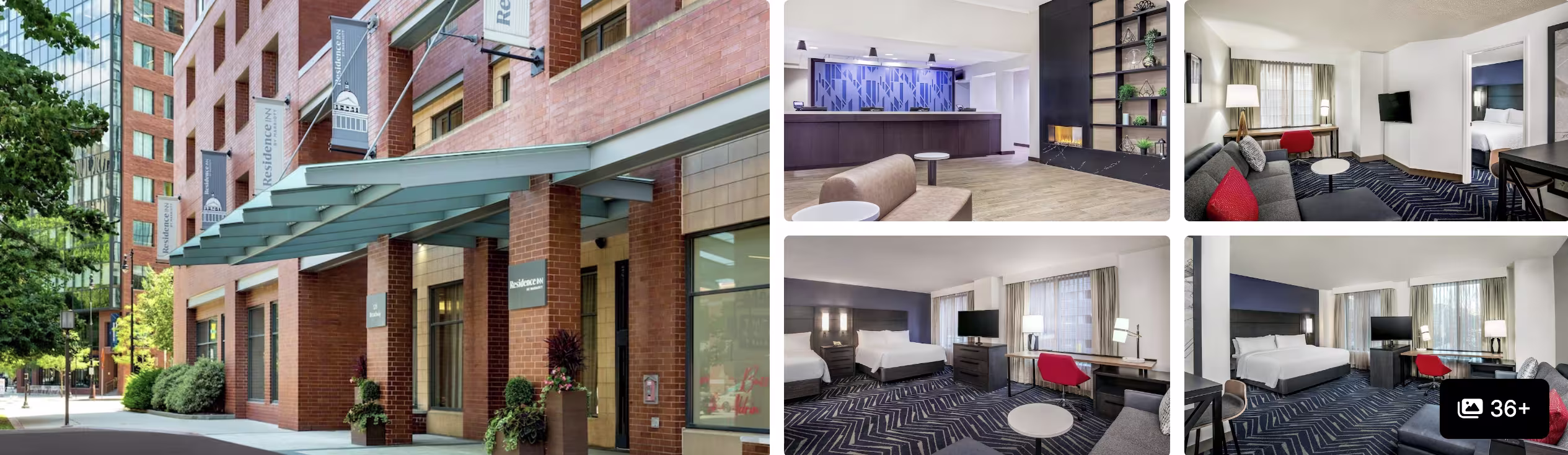 Photos of a Cambridge hotel near Boston: brick exterior with canopy, modern lobby, lounge and suite-style guest rooms