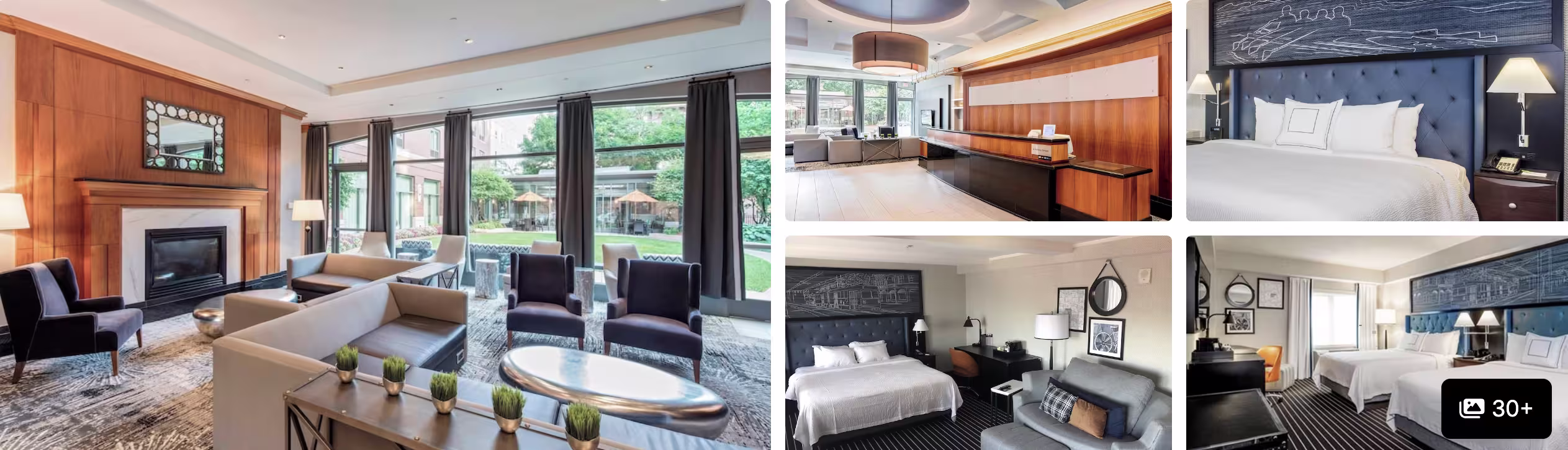 Photos of a Brookline hotel near the marathon route: fireside lounge with garden view, wet bar and guest rooms with beds