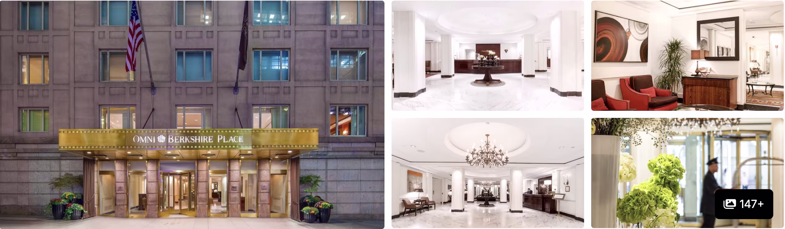 Photos of a Midtown Manhattan hotel near the parade route: stone facade entrance, marble lobby, lounge seating and reception