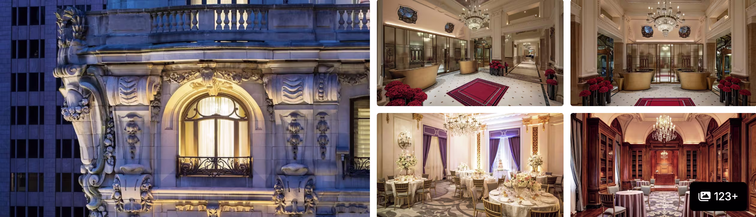 Photos of Lotte New York Palace: ornate carved facade, elegant lobby with red seating, banquet rooms and dining hall